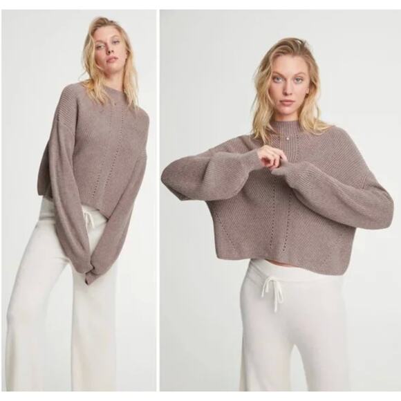 Le Ore Sweater 1X Lodi Pointelle Knit Pullover Walnut Brown Mock Neck Chic Work - Picture 2 of 12